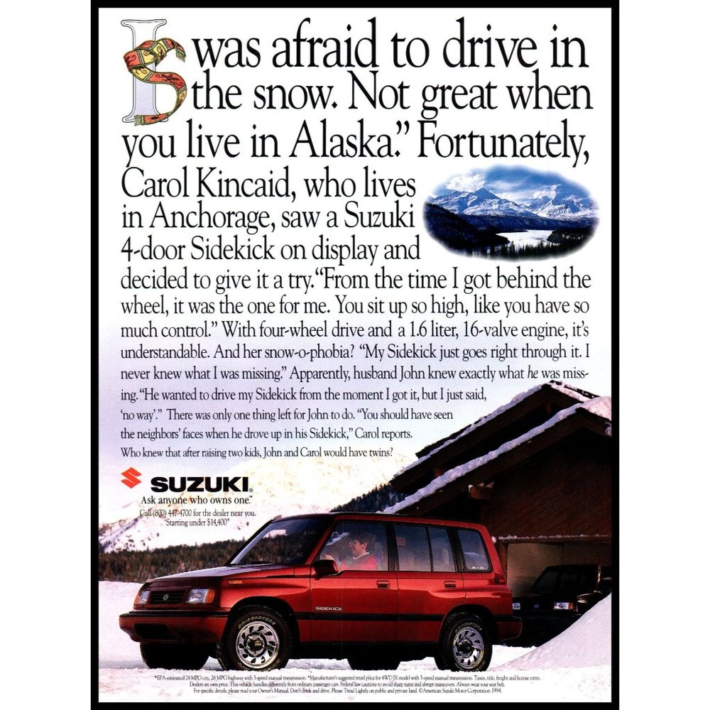 1994 Suzuki Sidekick 4x4 SUV Alaska Snow Mountains Vintage Print Ad Wall Art